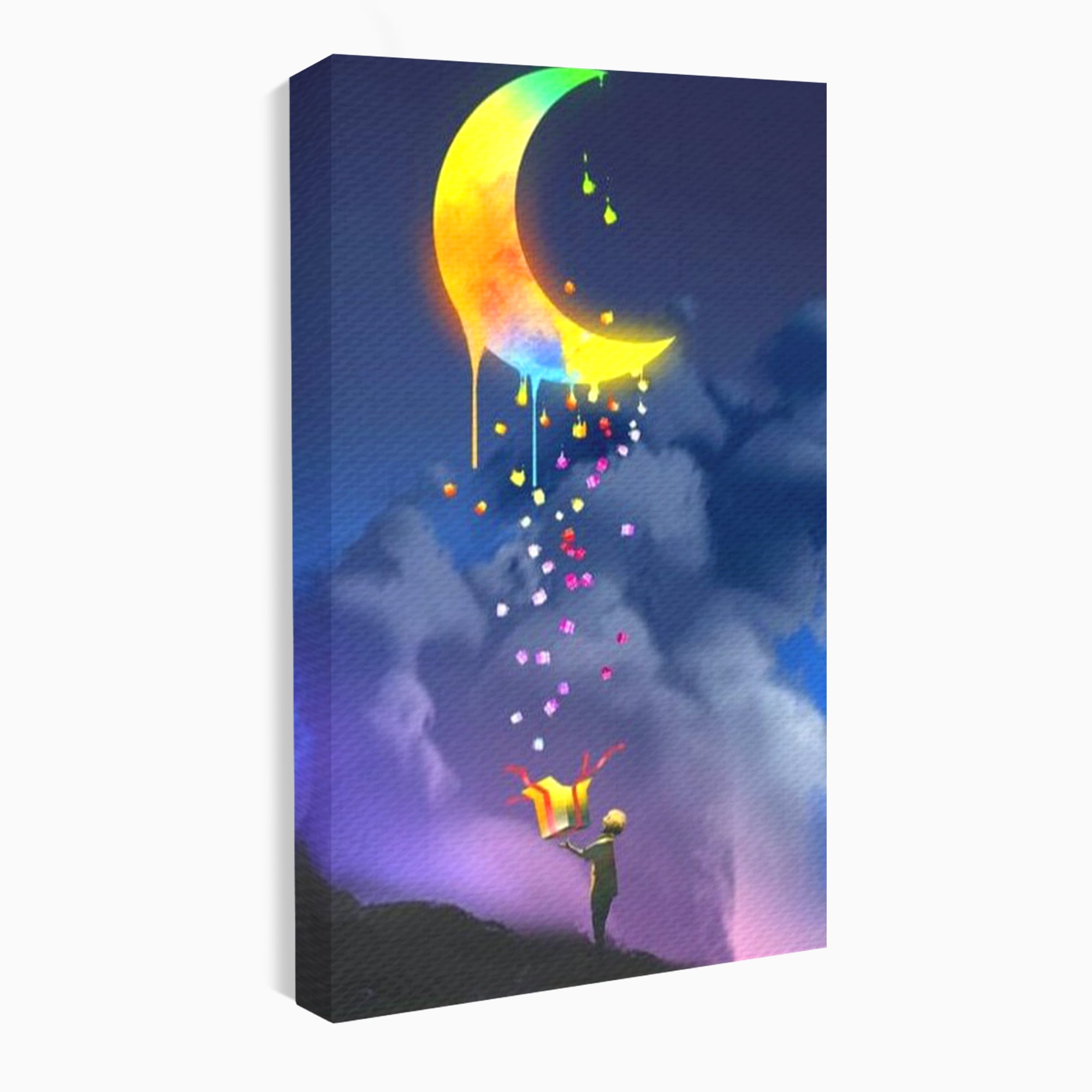 Tablou canvas cu ilustratie cu copil si luna curcubeu, fara rama, pe sasiu de lemn